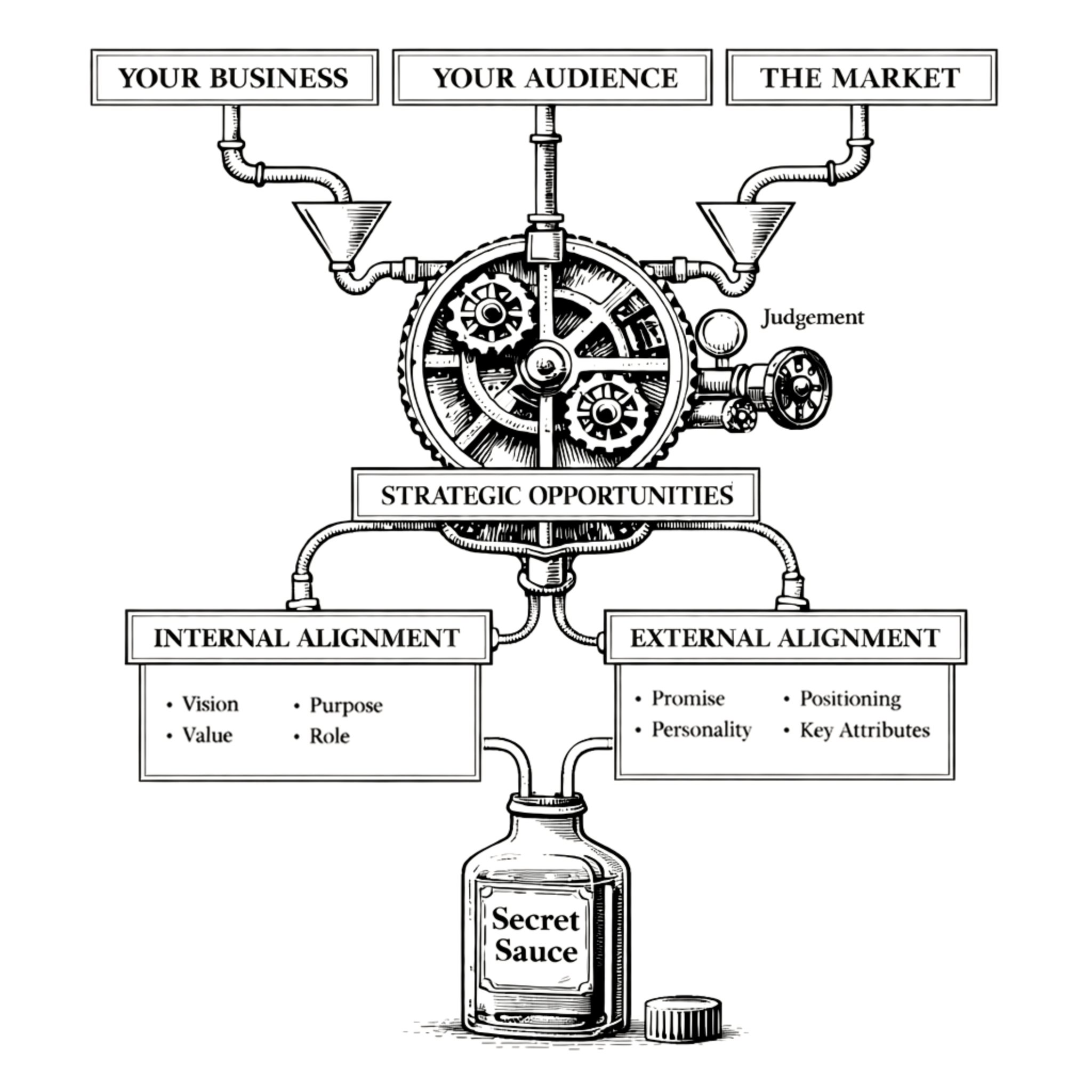 A steampunk machine illustrating the Fluro method: Your Business, Your Audience, and The Market feed into Strategic Opportunities, which splits into Internal and External Alignment, both funnelling into your brand's Secret Sauce.
