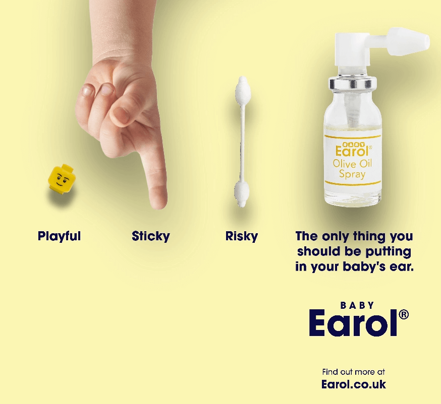 Earol example of campaign. Playful, Sticky, Risky, The only thing you should be putting in your baby's ear text with supporting imagery